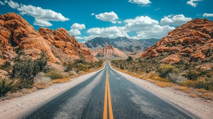 Fototapeta premium Open Road Through Desert Landscape to Distant Mountains