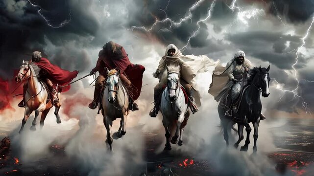 Dramatic symbolism: horsemen of apocalypse depicting conquest, conflict, scarcity, demise, illustrating powerful themes of fate, destiny in religious texts, reflecting humanity struggle, 