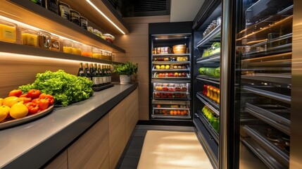 Modern Kitchen with Organized Refrigerator and Fresh Produce