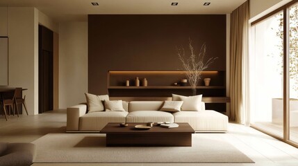 Modern Minimalist Living Room with Beige Sofa and Wooden Coffee Table