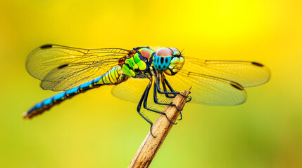 Dragonfly rests gracefully on a branch against a vibrant yellow background showcasing nature's intricate beauty and diversity