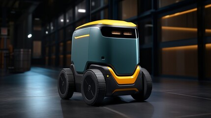 Advanced delivery robot navigating a modern indoor space during the evening