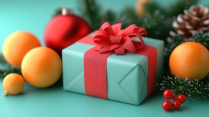 Fototapeta premium Festive holiday setting with a green gift box tied with a red bow surrounded by colorful ornaments and pine cones on a teal background.