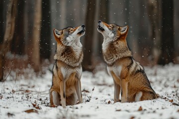 Fototapeta premium Wolves Howling in Winter Snow Forest