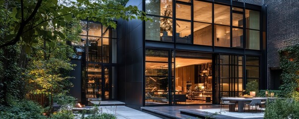Black steel walls and sage glass windows in a contemporary Chicago townhouse.