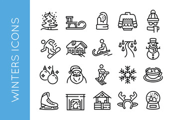 Winter icons. Large set of trendy minimal winter icons. Snowflake, snowboard, winter hat, fireplace, and snowman icons. Design signs for web page, mobile app, packaging design. Vector illustration