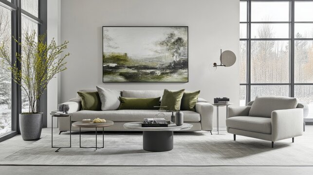 Modern living room interior with a grey sofa, green pillows, and an abstract painting.