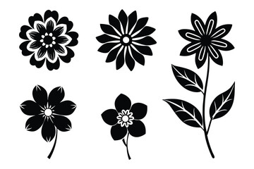 set of black and white flowers on white background