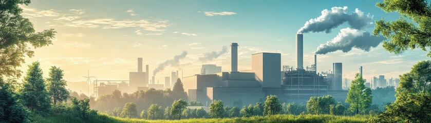 Obraz premium Industrial Factory Landscape with Smokestacks and Greenery Under a Clear Blue Sky at Sunrise