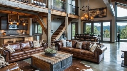 Industrial Loft Interior with Leather Sofas and Metal Accents