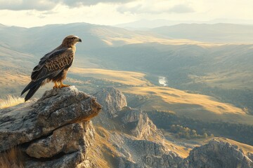 Fototapeta premium Majestic Eagle Perched on Mountain Cliff with Valley View