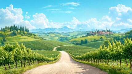 Fototapeta premium Scenic Vineyard Road through Lush Green Hills