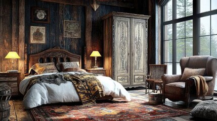 Vintage Intricately Carved Rustic Wardrobe in Cozy Room