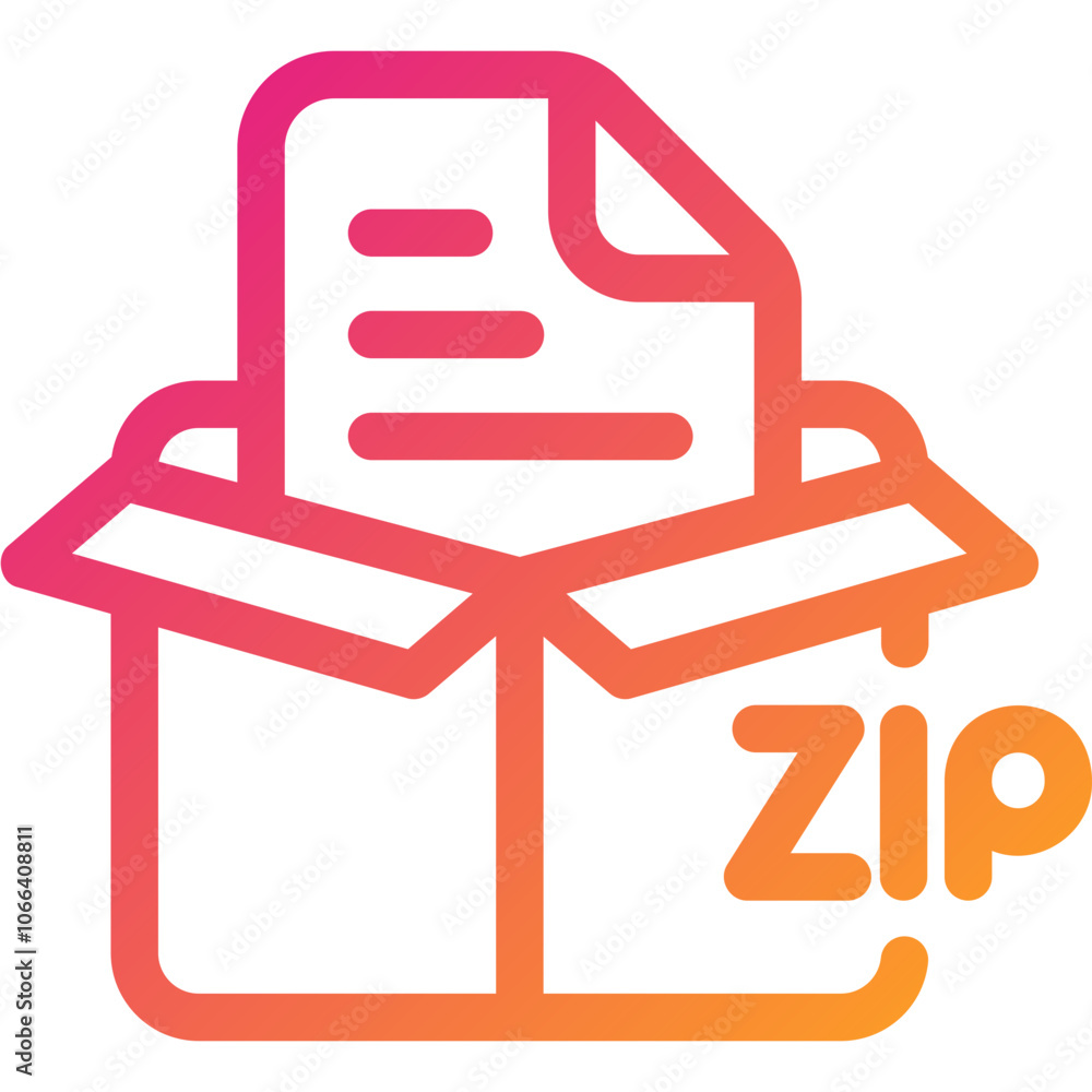Poster colorful graphic representing a zip file inside an open box, symbolizing digital file compression an