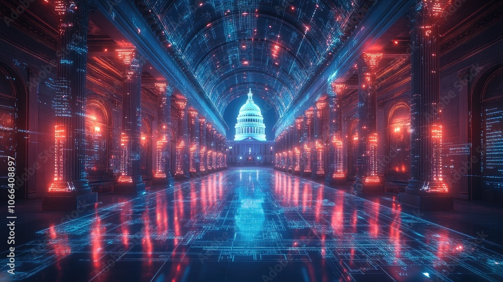 Poster a futuristic digital rendering of the us capitol building, with glowing red and blue lights emanatin