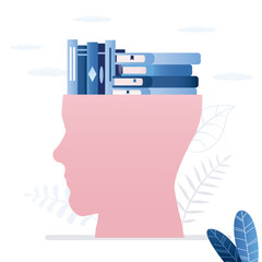 Giant silhouette of head with piles of books inside. Education and learning concept. Skills improvement, studying. Reader enjoy reading process. Student with new knowledge.