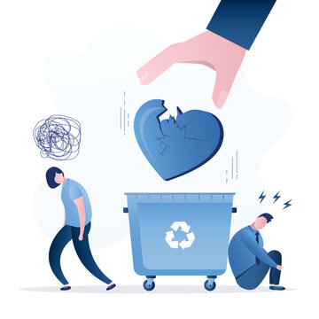 Hand throw broken heart into trash can. Divorce, misunderstanding. Love heart thrown into garbage. End of love relationship, split-up and breakup.