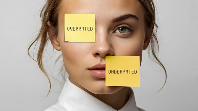 Woman with stick note on her eyes written Overrated (Something praised but in fact isn't so impressive) and Underrated (Something that is not talked about a lot, but offers great quality)
