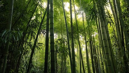 Fototapeta premium Lush Green Bamboo Forest with Sunlight Filtering Through the Canopy