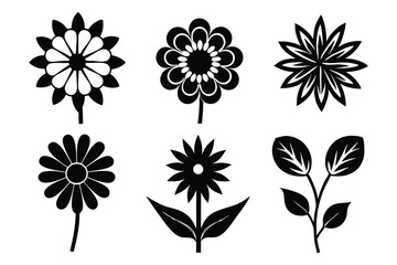 set of black and white flowers on white background