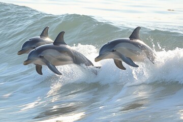 Fototapeta premium Three Dolphins Jumping Over Ocean Wave