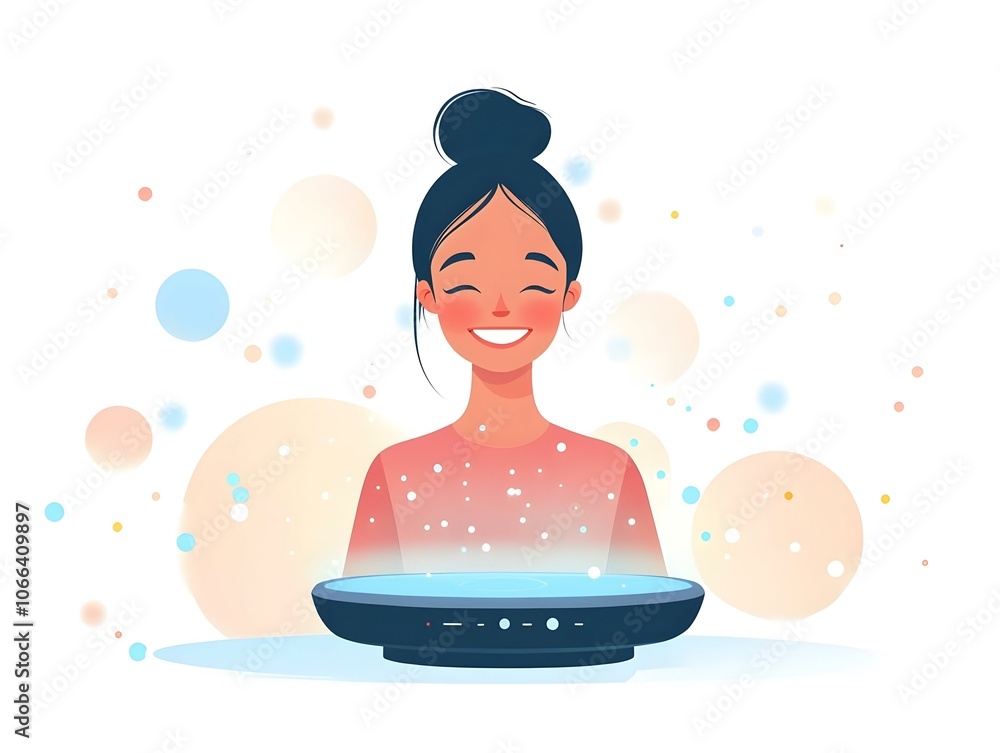 Poster flat person smiling using holographic touchpad bokeh interface digital art image person happily inte