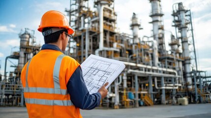 Engineer Reviewing Plan at Refinery.