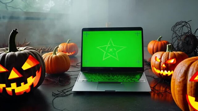 halloween pumpkin with green screen laptop. generative ai 