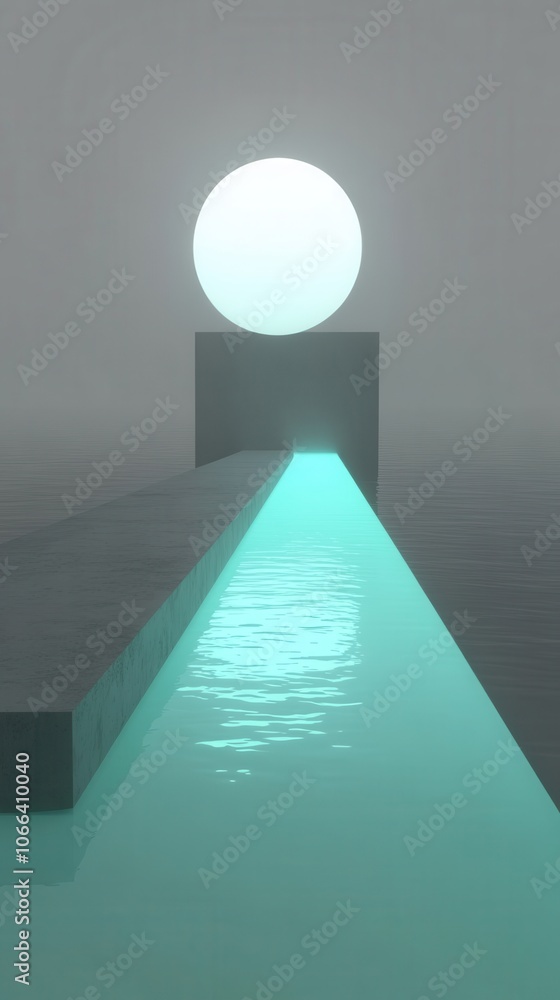 Poster futuristic landscape featuring a glowing sphere and reflective water, creating a serene and mysterio
