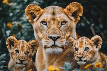 Obraz premium Lioness with Two Cubs Portrait Closeup Wildlife Photography