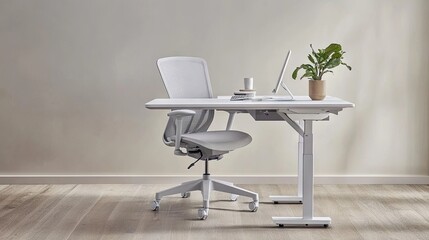 Minimalist Workspace with White Desk and Green Plant