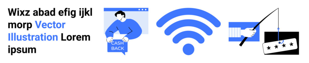 Man receives cashback, large wireless symbol, and rod with a rating sign. Ideal for marketing, e-commerce, internet, connectivity, cashback promotions, customer ratings, phishing awareness. Landing