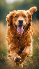 A golden retriever runs across the grass with its tongue sticking out. The concept of a veterinary clinic