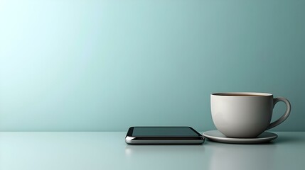 3D Glossy Coffee Cup Smartphone Minimalist Table Copy Space Integration Technology Comfort Remote Work