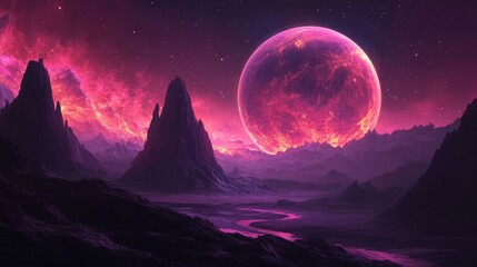 A surreal landscape featuring towering mountain and a large, vibrant planet in a purple sky.