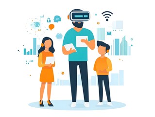 Flat Family Exploring Augmented Reality Learning Apps Soft Virtual Elements Concept Artistic Image Family Bonding Immersive Technology Excitement Illustration Smart Business Visuals