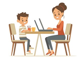 Flat Illustration of a Happy Woman Balancing Work and Family, Smiling at Child While Working on Laptop at Dining Table; Concept of Work-Life Balance and Home Office