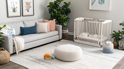 Stylish Living Room with Neutral Baby Playpen