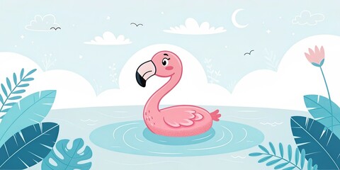 Fototapeta premium minimalist cute cartoon flamingo float background