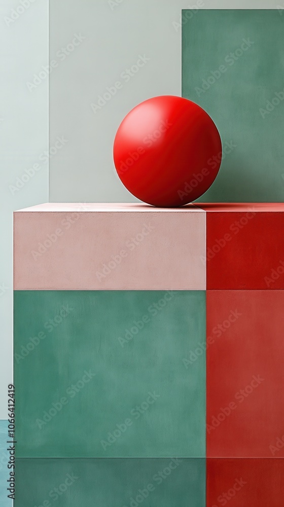 Poster minimalistic geometric composition with a red sphere on colorful blocks, showcasing balance and mode