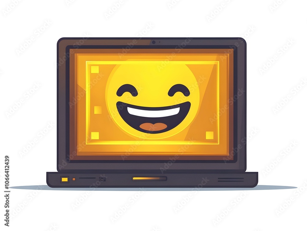 Poster smiling face illuminated by holographic laptop screen in futuristic home office - macro shot showcas