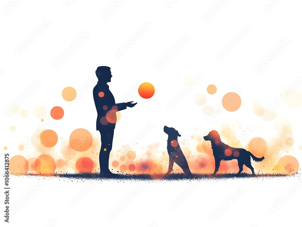 Poster flat bokeh lights framing person dog playing fetch warmth therapeutic value engaging pets softly foc
