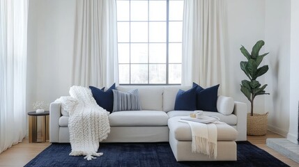 White Sectional Sofa with Blue Pillows and Throw Blankets in a Living Room with a Window and a Plant