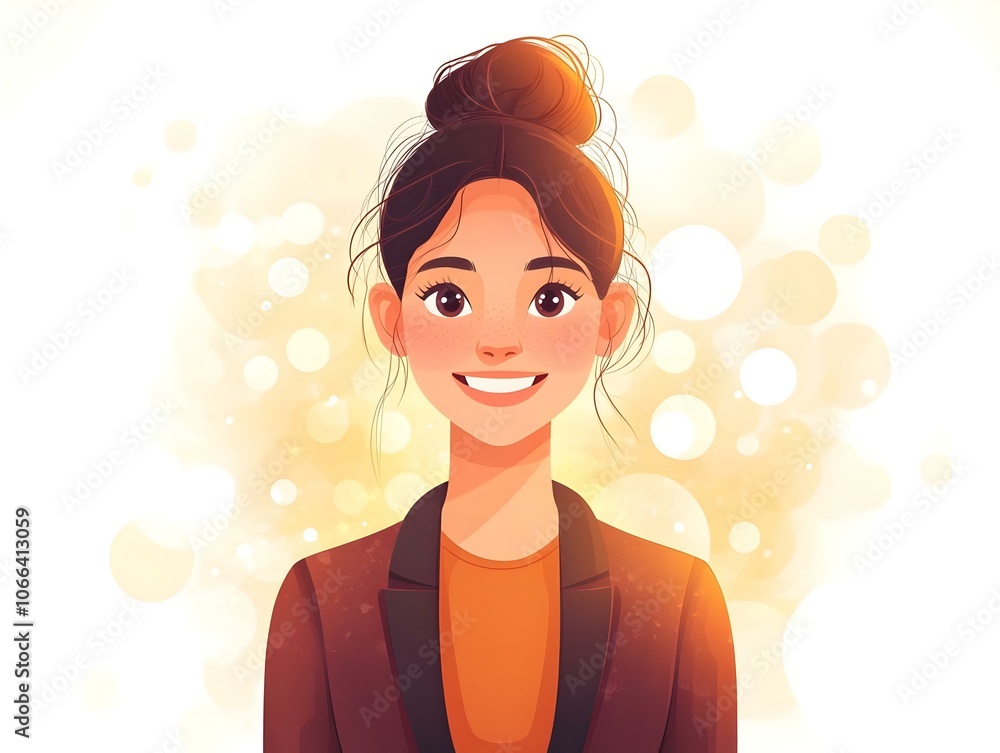 Poster flat business person smiling virtual presentation bokeh background soft focused image conveying prof