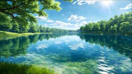 Fototapeta premium Light glimmers on water, creating a cool, refreshing summer atmosphere with a unique, contemporary style.