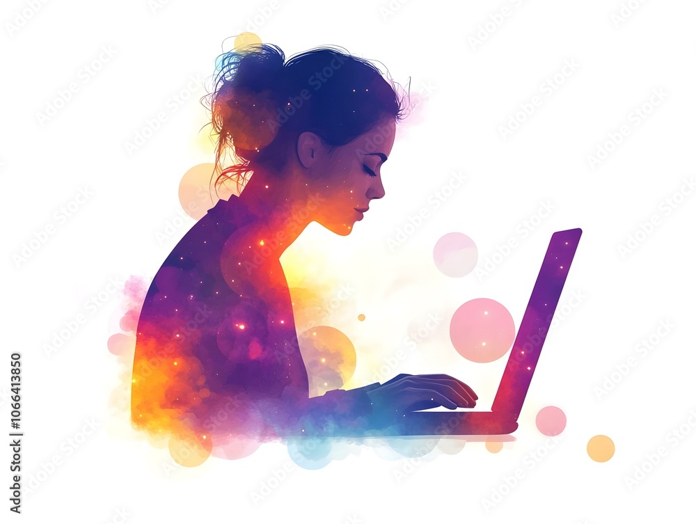 Poster flat abstract silhouette of person working on computer in colorful bokeh circles - digital art piece