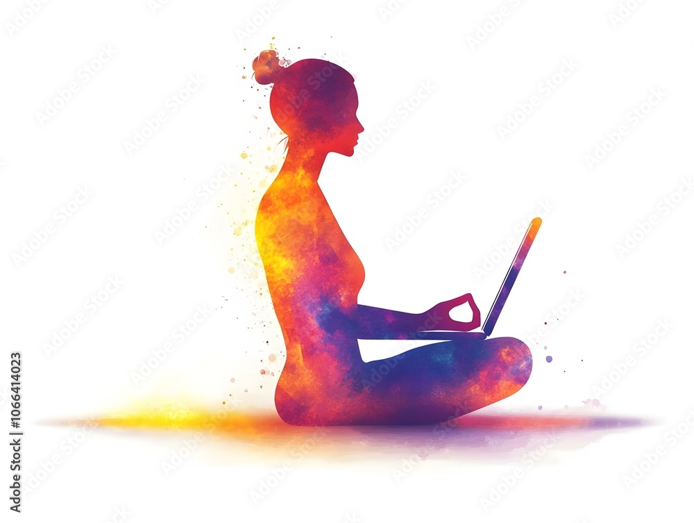 Poster flat soft abstract image meditation laptop bokeh aura balance happiness working from home simple vec