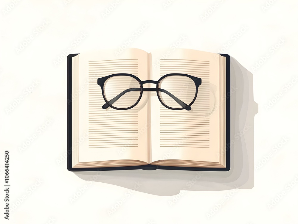 Poster flat plain background open book glasses copy space knowledge happiness working from home soft shadow