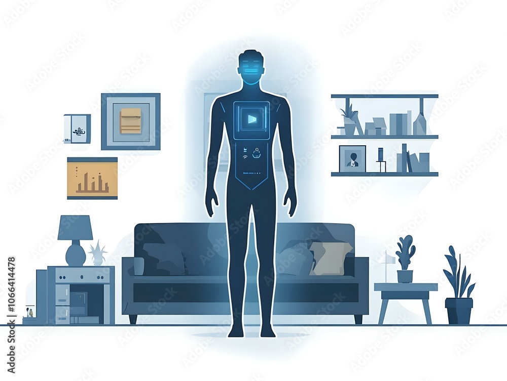 Poster flat macro shot of holographic virtual assistant in home environment concept, close-up illustration 