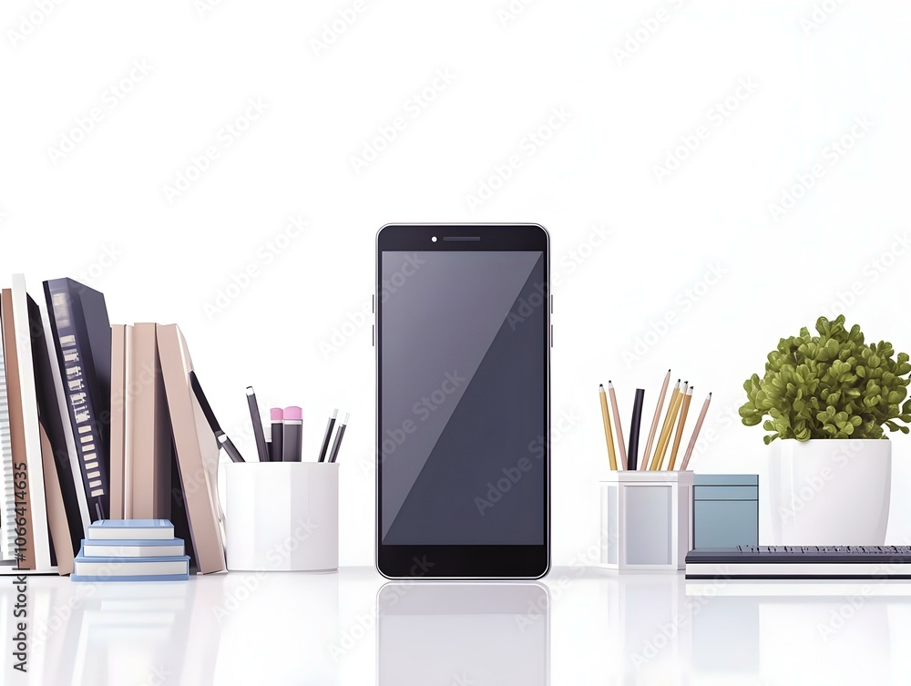 Poster flat glossy smartphone on plain desk with copy space | crisp image reflecting modern connectivity an